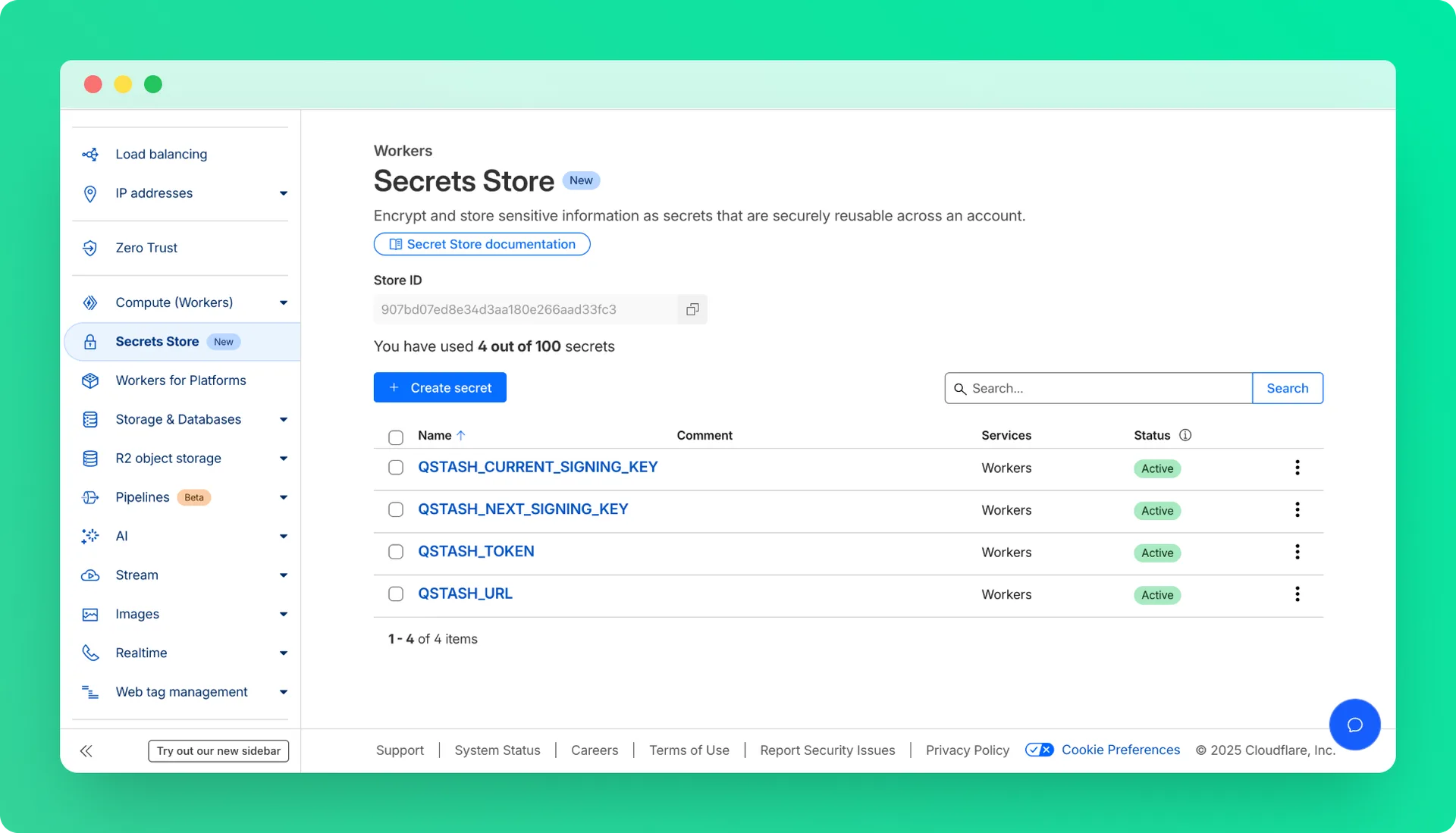 Cloudflare Workers secrets store